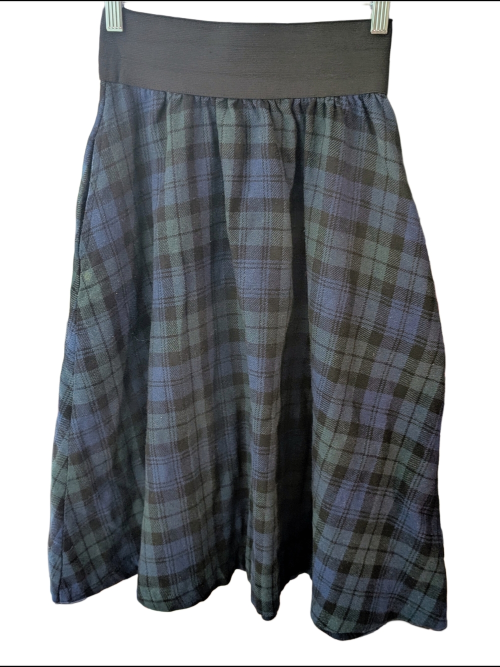 Vintage 90s Plaid Preppy A-Line Midi Skirt in Blue and Green Americana Juniors
